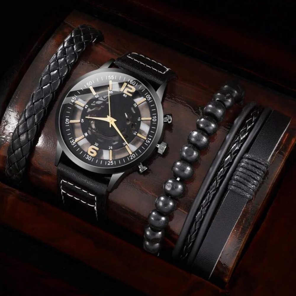 4pcs Set New Men Watch Luxury Bracelet Set Fashion Business Black Leather Quartz